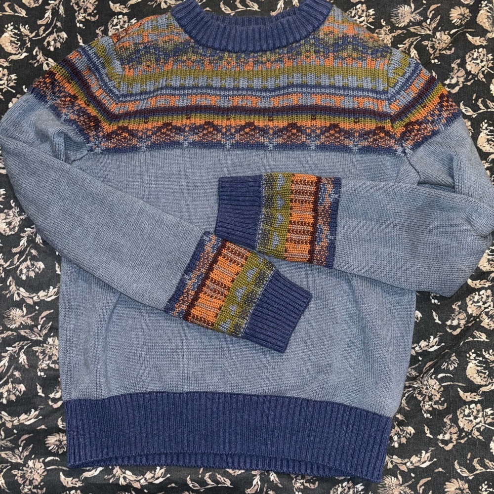 Aventura Blue and Orange Crewneck Sweater with Fair Isle Design